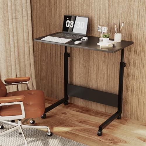 Image of Bonnlo Side Mobile Table Laptop Table 80x40cm,Height Adjustable Rolling Desk with Locking Wheels & Edge Stopper, Portable Workstation for Bedroom Living Room Office(Black)