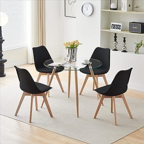 Image of Nera 90cm Round Tempered Dining Table and Chairs Set 4 with Padded Seat Cushions & Sturdy Wooden Legs for Home Office Kitchen (Table with 4 Black Chairs, Glass Beech Legs Table)