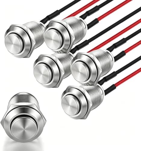 Image of 5 Pack Prewired 12V Momentary Push Button Switch - Waterproof IP65 Mini Round Metal Starter Button, Self-Resetting Power Switch for Car Horn Boat Marine Motorcycle DIY Electronics, Stainless Steel