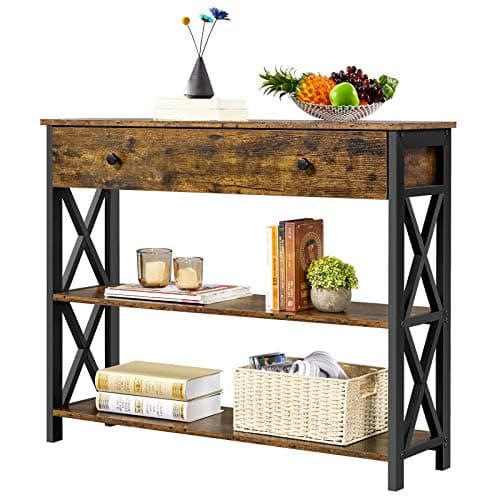 Image of Yaheetech Industrial Console Table with Drawer Metal Frame, Vintage Sofa Table with 2 Open Shelves for Living Room, Hallway, Bedroom, 100x29.5x81cm, Rustic Brown