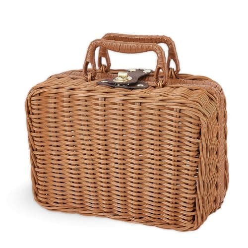 Image of SUPERFINDINGS Mini Wicker Picnic Basket Vintage Storage Hamper Plastic Rattan Storage Baskets Small Wicker Basket with Handle Lid 8.27x4.45x6.50inch Organizer Box with Handles for Camping Travel Party