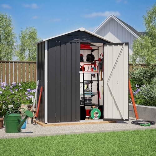 Image of BIRCHTREE Garden Shed Metal Apex Roof 5FT X 2.6FT Outdoor Storage With Free Foundation Anthracite and White