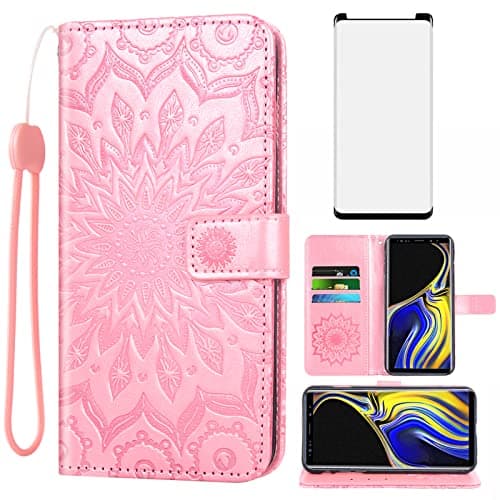 Image of Asuwish Phone Case for Samsung Galaxy Note 9 Wallet with Tempered Glass Screen Protector Leather Slim Flip Cover Card Holder Stand Cell Accessories Galaxies Note9 Gaxaly Glaxay Not Women Rose Gold