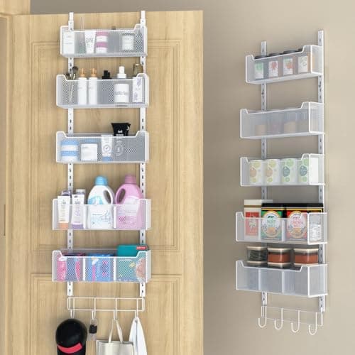 Image of VyGrow Over The Door Storage, Metal Door Organiser Hanging with 5 Adjustable Baskets and Coat Hook, Behind The Door Storage for Bedroom Closet Bathroom Pantry Cabinet Kitchen, White