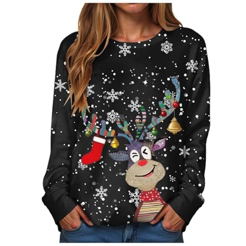 Image of Christmas Jumpers for Women UK Sweatshirt Ladies Funny Print Crewneck Xmas Long Sleeve Santa Claus Pullover Causal Tops Christmas T shirts Women S-XXL Black