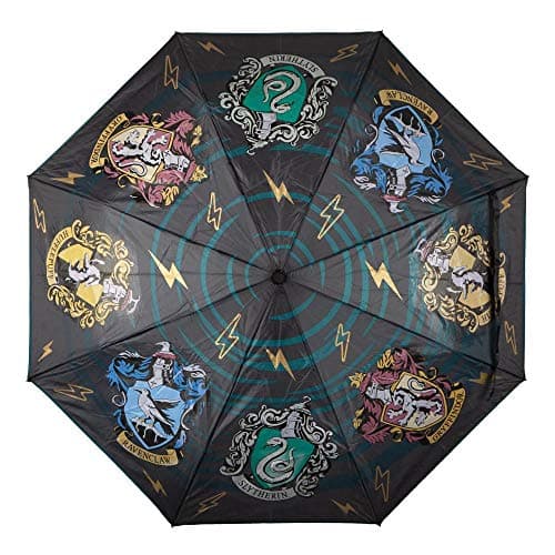 Image of Meroncourt Unisex Harry Potter Hogwarts House Crests Liquid Reactive Compact Umbrella Plain Umbrella, Black, One size