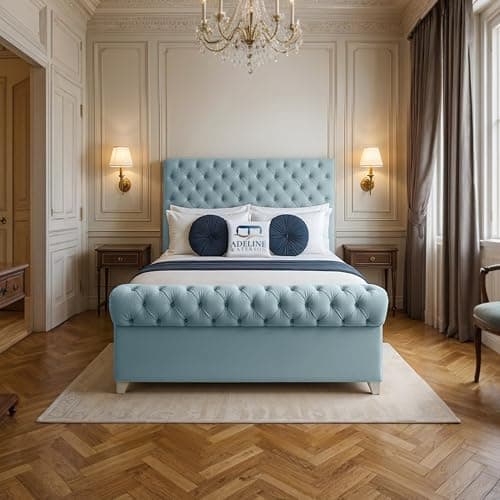 Image of ADELINE WATERSON Mayfair Upholstered Bed - Plush Velvet Headboard & Footboard - Slats Base - Comfortable Bed (Sky, Small Double - Slats Base, Without Mattress)