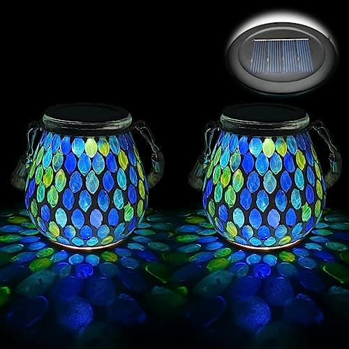 Image of TOTHDATE 2PCS Oval Mosaic Solar Lights Outdoor Garden, On/Off Glass Hanging Solar Mosaic Lanterns Lights IP65 Waterproof for Table Lawn Path Courtyard Deck Fence, Blue Mosaic Glass