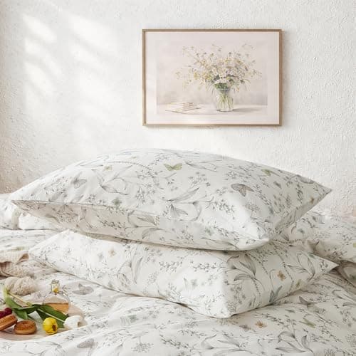 Image of Wotcsil Floral Printed Pillow Cases 2 Pack, Soft Brushed Microfiber Pillowcases Standard Size 50x75cm Pillow Covers Flower Leaves Pattern with Envelope Closure, White Grey Beige