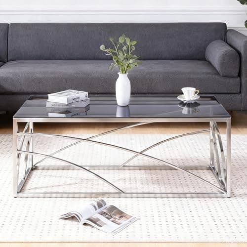 Image of JaHECOME Glass Coffee Table Silver Center Side Table Tempered Glass Top Stainless Steel Frame Modern Rectangular Tea End Table