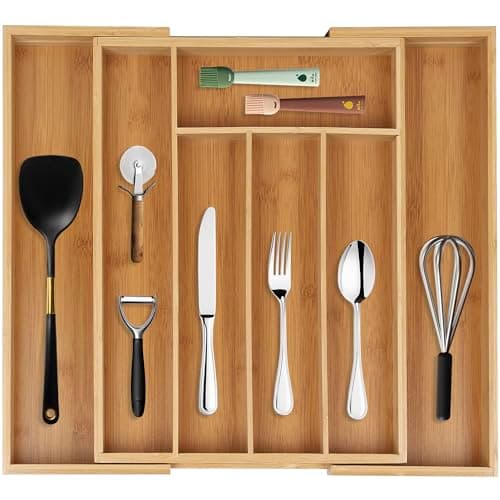 Image of simpdecor Bamboo Drawer Organizer Expandable Cutlery Tray Adjustable Utensils Holder 5-7 Compartments Wood Drawer Dividers Organizer for Storing Silverware, Flatware, Knives