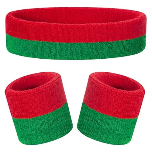 Image of Kids Sweatbands Headband Wristband Set - Athletic Cotton Sweat Band for Sports - Ultimate Sweat-Absorbing 3-piece Set (1 Headband + 2 Wristbands) (Red+Green)