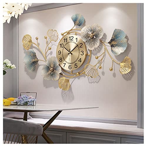 Image of HAOHM Large Silent Modern Decorative Wall Clock,Elegant Wrought Iron Wall Clocks Ginkgo Leaf Mute Wall Quartz Clock for Living Room Bedroom Hotel Porch (83 * 48cm)