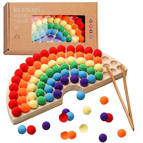 Image of OESSUF Wooden Peg Board Beads Game Wooden Clip Beads Game Color Classification Fine Motor Skill Montessori Educational Toys for Math Learning (Rainbow Color)
