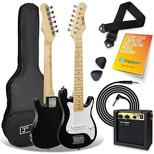 Image of 3rd Avenue 1/4 Size Kids Electric Guitar Pack for Junior Beginners - 6 Months FREE Lessons, 5W Portable Amp, Cable, Bag, Picks and Strap - Black and White