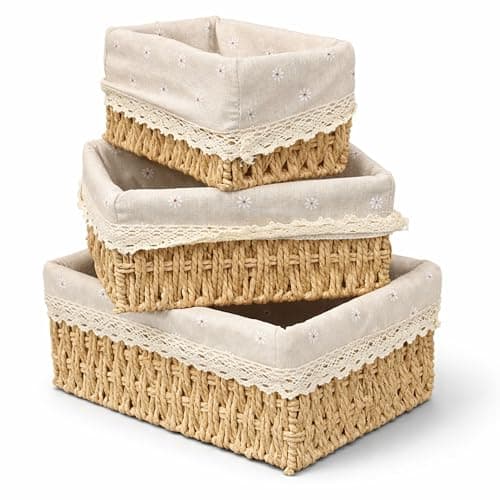 Image of ADEPTNA Set of 3 Wicker Storage Baskets – Small, Medium & Large Bathroom Organiser with Removable Lining Natural Paper Rope Woven Bins for Shelves, Makeup, Toys, Nursery, Table Storage