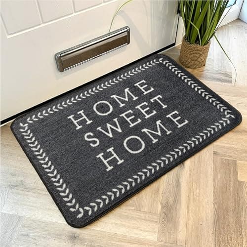Image of Mighty Mats Supersoft Washable Door Mat Indoor - Highly Absorbent Dirt Trapper Indoor Doormat -Anti-Slip Mat with Durable Latex Backing -Versatile Floor Rug -Grey Home Sweet Home Leaf Border,50 x 75cm