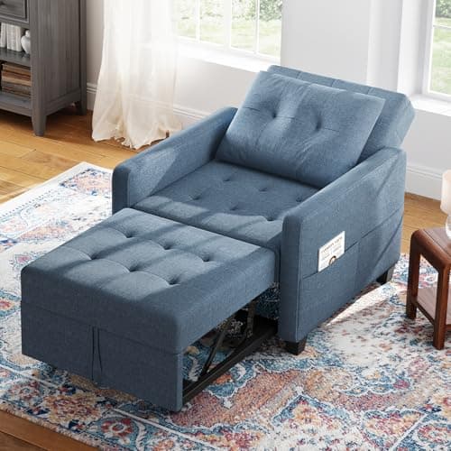 Image of Vesgantti 3 in 1 Sofa Bed Blue, Convertible Sleeper Chair Bed with Adjustable Backrest, Fabric Single Chair with Side Pockets, Foldable Sofa Bed, Pull Out Sofa for Living Room