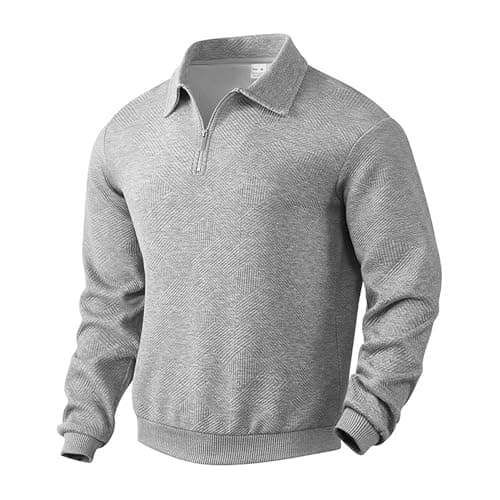Image of MakingDa Collared Sweatshirt Men Long Sleeve Casual Smart Quarter Zip Polo Neck Jumpers Retro Jacquard Knitted Tops Regular Fit Winter Pullover Knitwear-Grey-S
