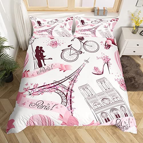 Image of Eiffel Tower Duvet Cover Set Paris Pink Comforter Cover Paris Decor Bedding Set Valentines for Adults and Teens Microfiber Single Size