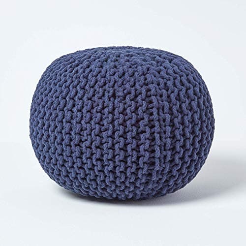 Image of HOMESCAPES Navy Blue Knitted Pouffe Footstool Bean Filled 100% Cotton for Living Room Children or the Elderly