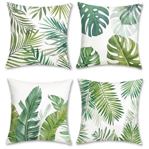 Image of Bonhause Tropical Leaves Cushion Covers 45 x 45 cm Green Palm Leaf Decorative Throw Pillow Covers Soft Velvet Pillowcases for Sofa Garden Patio Spring Summer Decor Set of 4
