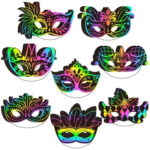 Image of WATINC Mardi Gras Scratch Cards - 32pcs Carnival Prom Mask Art Craft Kit for Kid, Masquerade Party DIY Magic Color Scratch Paper, Scratchboard Off Card for Mardi Gras Costume Party Decoration Supplies