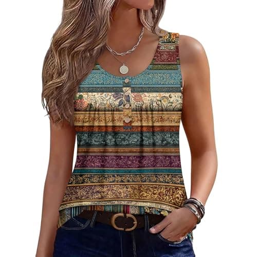 Image of Women's Vest Tops Sleeveless Button Front Tank Top with Vintage Inspired Patterned Stripes and Relaxed Fit Design for Casual Wear 01-Beige M