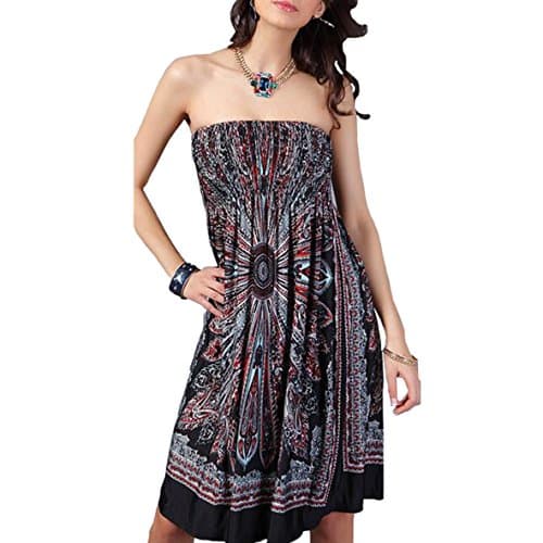 Image of OCTOPUSIR Women Sleeveless Strapless Beach Sundress Ladies Summer Ethnic Bohemian Off Shoulder Floral Printed Bandeau Boobtube Casual Mini Cover Up Dress,Colour 2