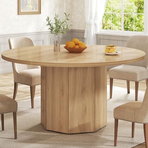 Image of HSH Wooden Round Dining Table for 4, Modern Farmhouse Wood Dinner Table with Octagon Pedestal Base, Circular Kitchen Dining Room Table for Home, Apartment, Living Room, Light Oak, 120 CM