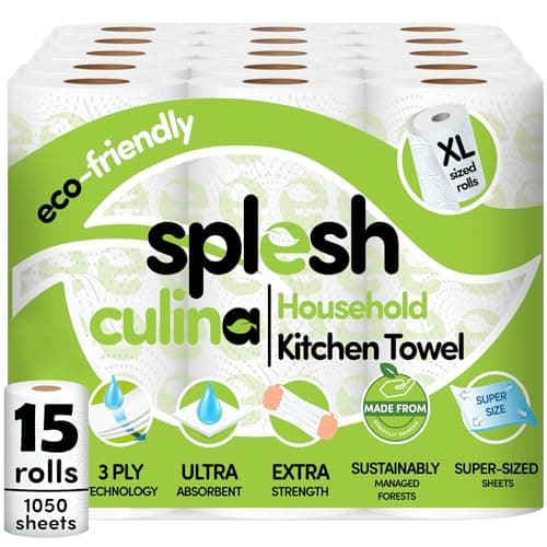 Image of Splesh Culina Kitchen Towel - 15 XL Rolls (1050 Sheets) 3 Ply Ultra Absorbent & Extra Strong, Large Eco-Friendly Household Kitchen Rolls - 70 Super Sized Triple Layered Sheets Per Roll