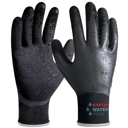 Image of KAYGO Waterproof Work Gloves for Men and Women with Double Latex Coated, Non-Slip Super Grip for Gardening Car Washing Fish Cleaning (Black, XL, 1 Pairs)