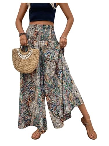 Image of GORGLITTER Boho Palazzo Trousers for Women UK Paisley Print High Elastic Waist Wide Leg Light Weight Casual Pants Green X-Large