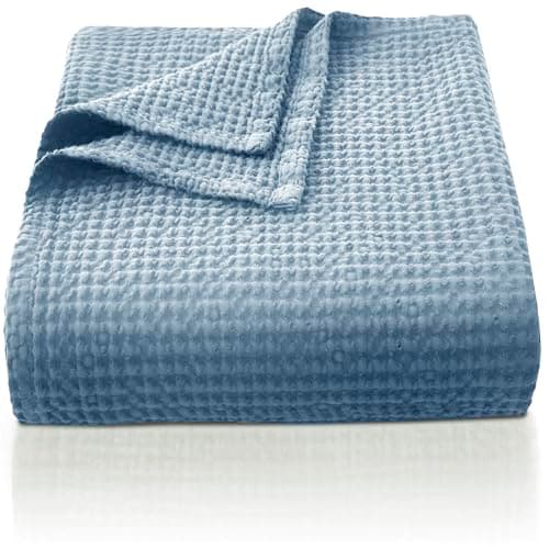 Image of CHUFFED 100% Cotton Waffle Blanket Bed Throw Double Size-Throw Blanket for Bed Sofa Travel-Soft Lightweight Breathable Blankets and Throws for All Season Light Blue Throw 150x200cm
