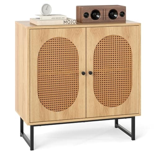 Image of COSTWAY Rattan Storage Cabinet, 2 Door Buffet Sideboard with Adjustable Shelf & Metal Legs, Boho Wooden Bar Cabinet Cupboard Display Organiser for Kitchen Dining Living Room (Natural)