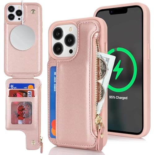 Image of SailorTech iPhone 13 Pro Case with Credit Card Holder magsafe, iPhone 13 Pro Phone Leather Case Wallet for Women Compatible mag safe Card Slots Zipper Shockproof Case for Men - Rose Gold