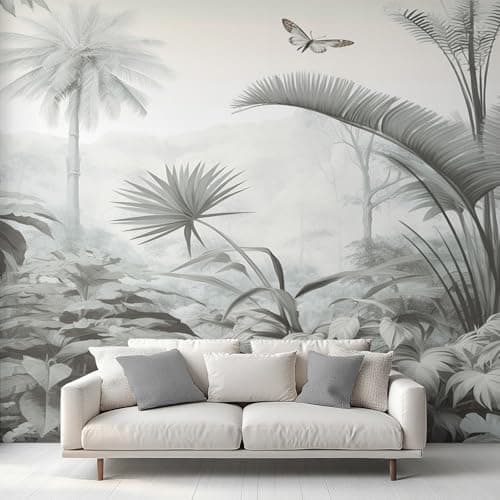 Image of Black White Tropical Photo Wallpaper, Jungle Botanical Wallpaper Mural, 150X105cm Wall Paper for Bedroom Living Room, Non-Woven Wall Mural Room Decor EL&D81