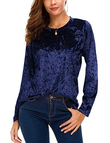 Image of Women's Vintage Velvet T-Shirt Casual Long Sleeve Top (S, Navy Blue)