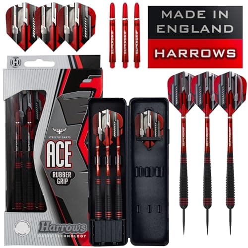 Image of Harrows Ace Rubber Brass Steel Tip Darts Set 20g, 22g, 24g & 26g - Includes Supergrip Shafts, Micron Marathon Flights & Convenient Travel Case 24g