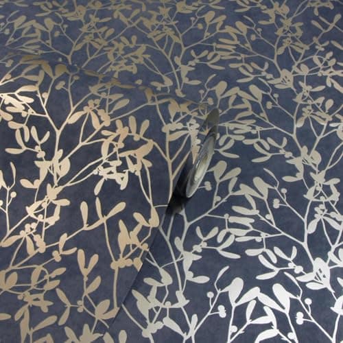 Image of SOPHIE LAURENCE Navy and Gold Leaf Wallpaper – Luxurious Metallic Finish, Textured Design, Ideal for Living Room, Bedroom, or Office (Full Roll)