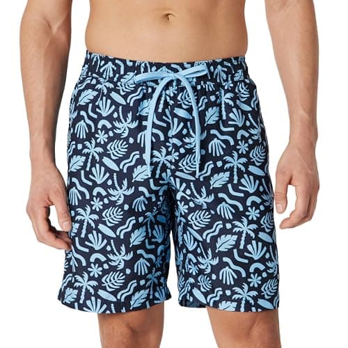 Image of Amazon Essentials Men's 9” (23cm) Swimming Shorts with Mesh Lining, Pockets, Drawstring Closure, Navy Tropical, L