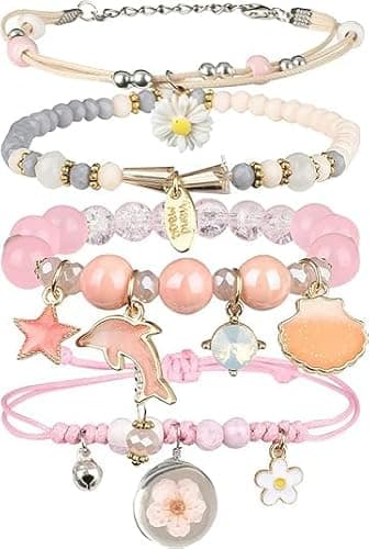Image of LYBHZDQ 4PCS Kids Friendship Bracelet, Dolphins Beaded Cute Bracelets for Teen Girls Women Hand Made Adjustable Charm Bracelets Set Anklets Gifts for Friends