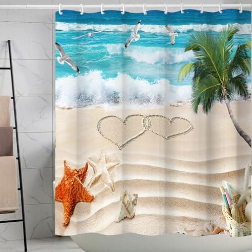 Image of FAIRYGATE Bathroom Curtains Shower 180x180cm Water Shower Curtain for Bathroom Summer Holidays in Beach Pool Sea Wave Home Bathtubs Curtain Decoration Set with 12 Hooks B8821