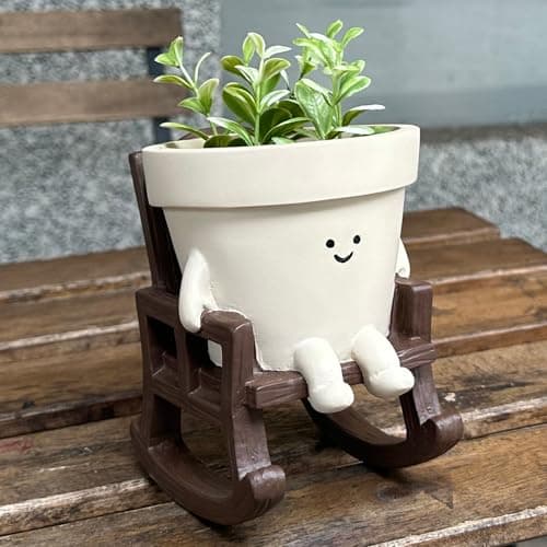 Image of Cute Rocking Chair Plant Pots Large Smily Face Planter Pot Resin Flower Head Planters for Indoor Outdoor Plants Unique Sit Swing Succulent Pot with Drainage Hole Gift for Mother's Day Appreciation
