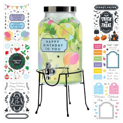 Image of The Vintage Company Glass Drink Dispenser with Tap & Stand, 5.5L Airtight Beverage Water Dispenser, Secure Screw Lid, Reusable 6 Sticker Packs Included – Water, Juice, Cocktails, Parties (51009)
