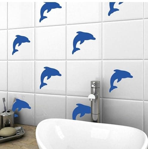 Image of Hair Fairy Graphics Dolphin Vinyl Tile Stickers Nautical Wall Decal Transfers Bathroom Home Decor(Blue,12) (Blue, 24)