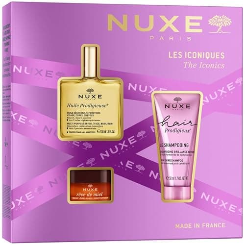 Image of Nuxe The Iconics Gift Set (£45 Value) – Huile Prodigieuse Dry Oil 50ml, Hair Prodigieux Shine Shampoo 50ml & Honey Lip balm 15g – Luxury Skincare Face & Body Care Trio – Perfect For Birthdays, Travel