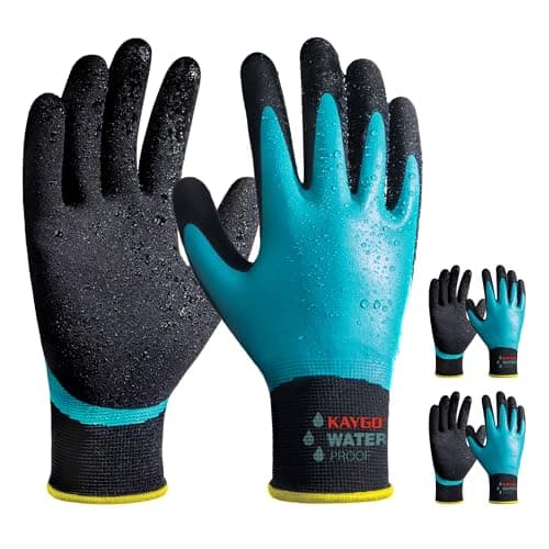 Image of KAYGO Waterproof Work Gloves for Men and Women with Double Latex Coated, Non-Slip Super Grip for Gardening Car Washing Fish Cleaning (Blue, L, 3 Pairs)