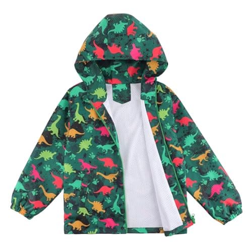 Image of LACOFIA Boys Waterproof Jacket Kids Windbreaker School Hooded Coat Mesh Lined Lightweight Raincoat for Children Green Dinosaur 5-6 Years