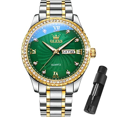Image of OLEVS Mens Watches,Big Dial Watches for Men,Day Date Watches Men,Mens Waterproof Watches,Mens Stainless Steel Watches,Analog Quartz Men's Watches,Relojes para Hombre, Big Dial Gold Green Men Watch